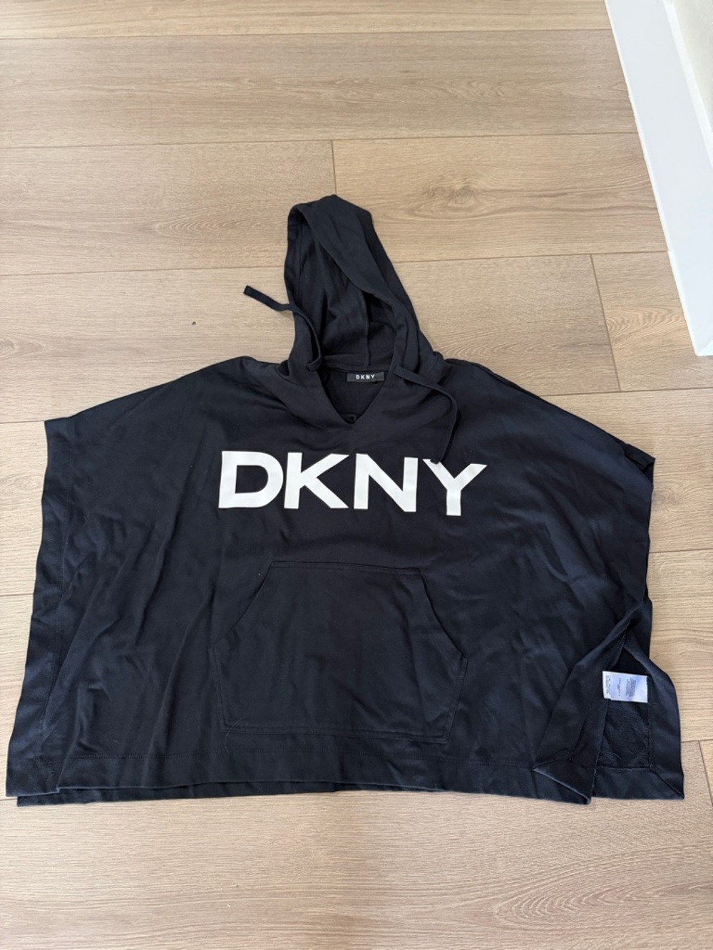 DKNY Black Hooded Logo Poncho
